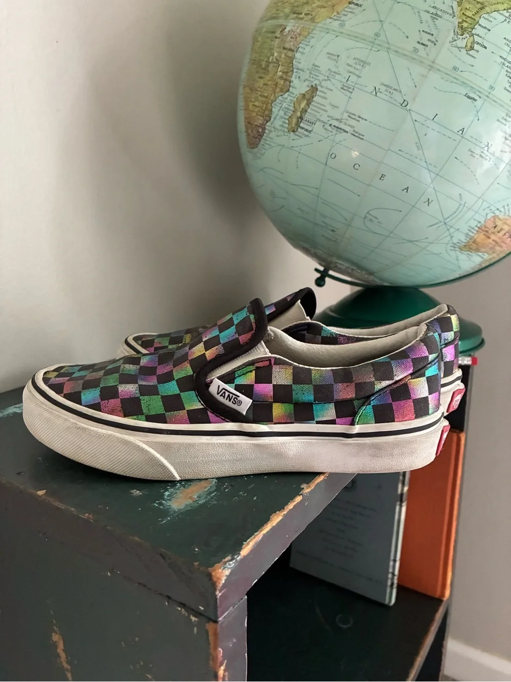 Vans Iridescent Rainbow Checkered Slip On Tennis Shoes Kids Size 2